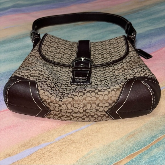 Coach Purse Crossbody Bag Brown Leather Light Fabric Canvas K3M-6376 Authentic - Picture 3 of 15